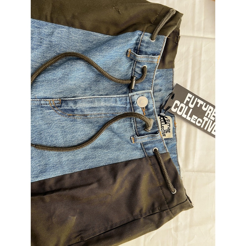 Future Collective Pants Womens 6 Blue Denim Olive Cargo Colorblock Utility - Picture 6 of 8